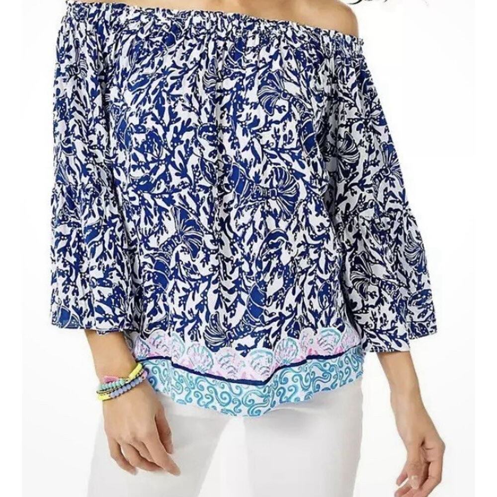 Lilly Pulitzer Top Off Shoulder Krillin It Blue White Peasant Resort Blouse